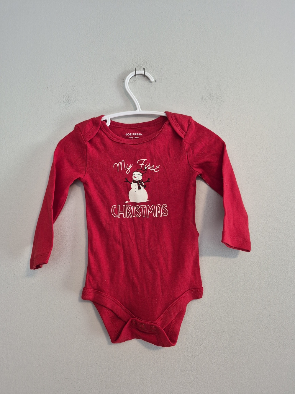 Joe Fresh 3/6m Red 'My First Christmas' Snowman Long-Sleeve Onesie